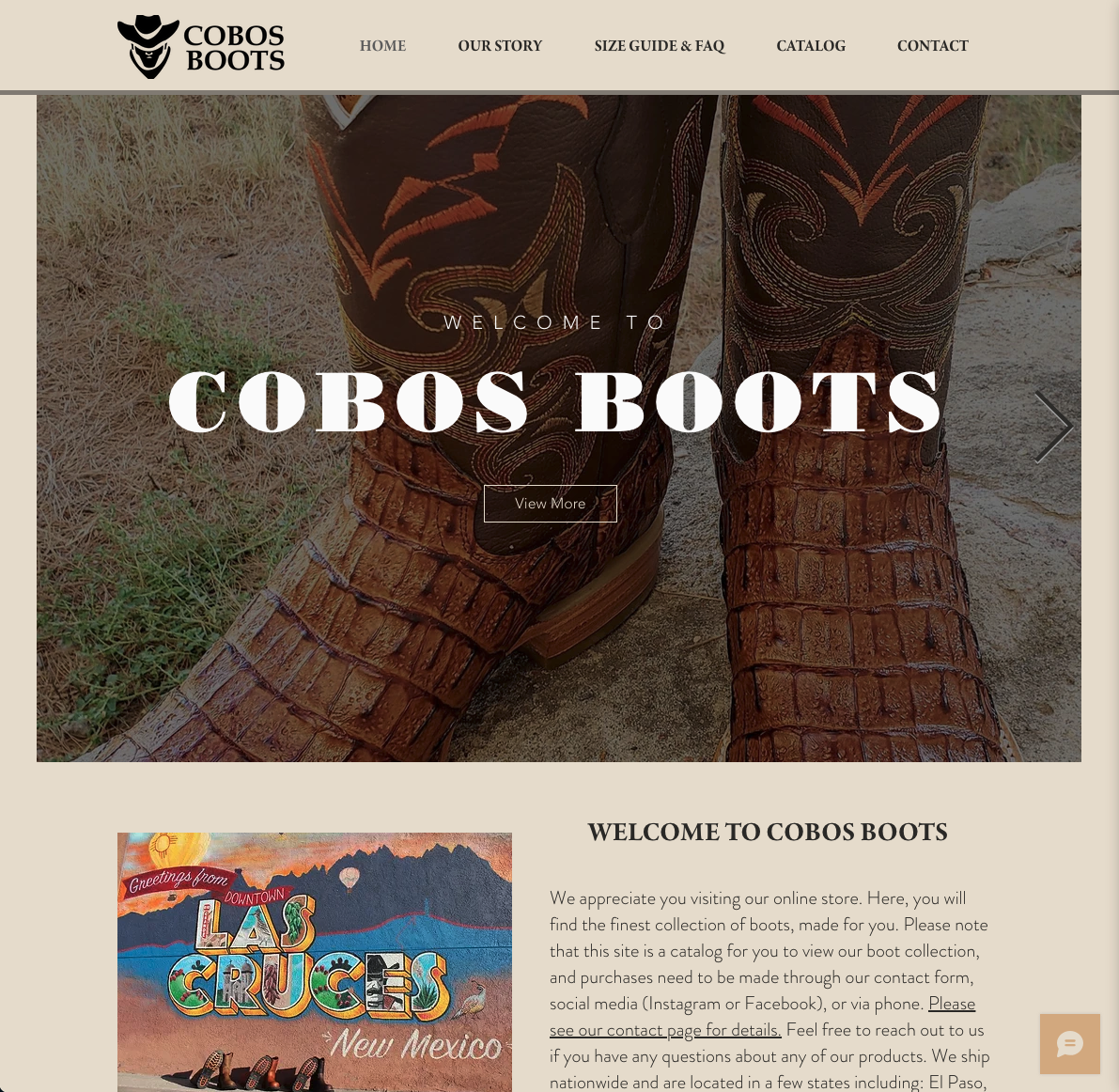 Cobos Boots homepage with pictures of handmade leather boots.